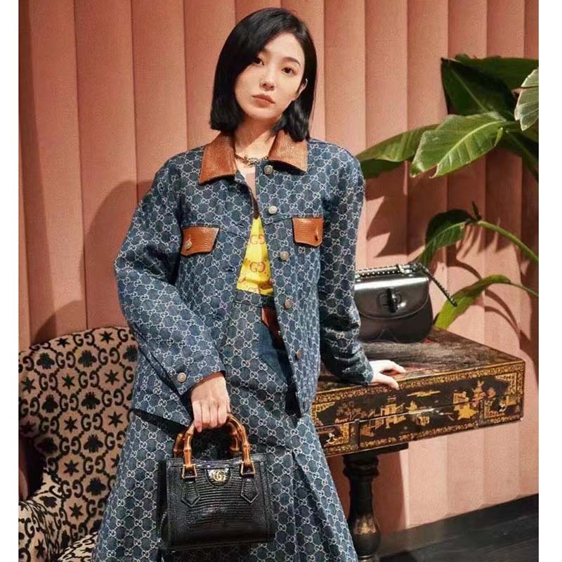 Gucci Women GG Diana Lizard Mini Bag Black Lizard Shiny Antique