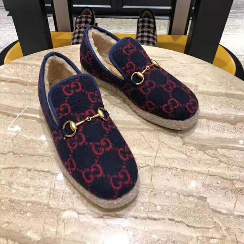 Gucci Unisex GG Wool Loafer in Blue and Red GG Wool
