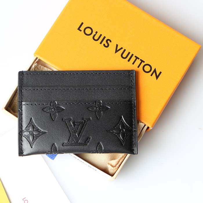 Louis Vuitton LV Unisex Coin Card Holder Black Calf Leather Textile Lining