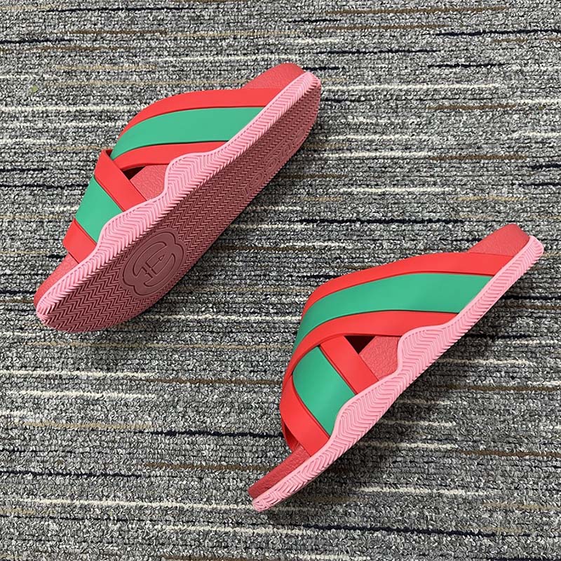 Gucci Women Web Slide Sandal Green Red Rubber Web Straps Rubber Sole Flat