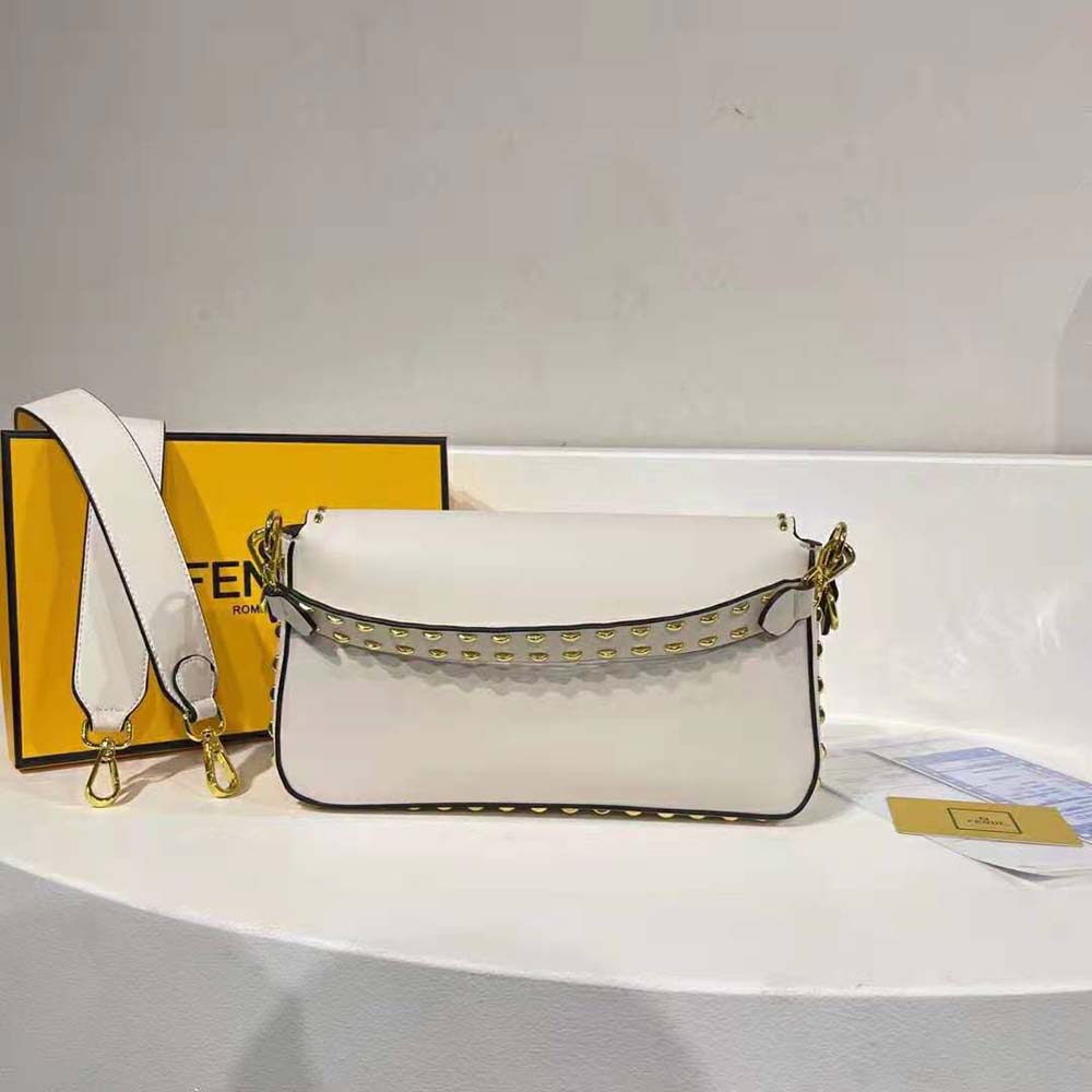 Fendi Women Conic Medium Baguette White Leather Bag