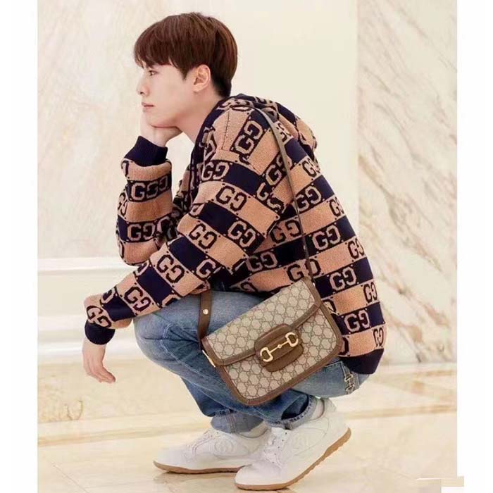 Gucci Men GG Cotton Jacquard Hooded Sweater Beige Dark Blue Dropped Shoulder Kangaroo Pocket