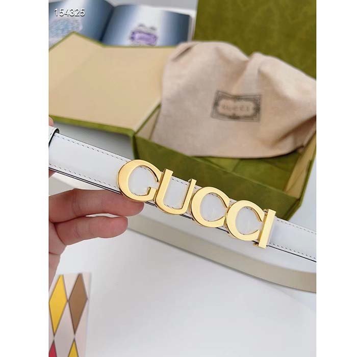 Gucci Unisex Buckle Thin Belt White Leather Gold-Toned Hardware 2 CM Width