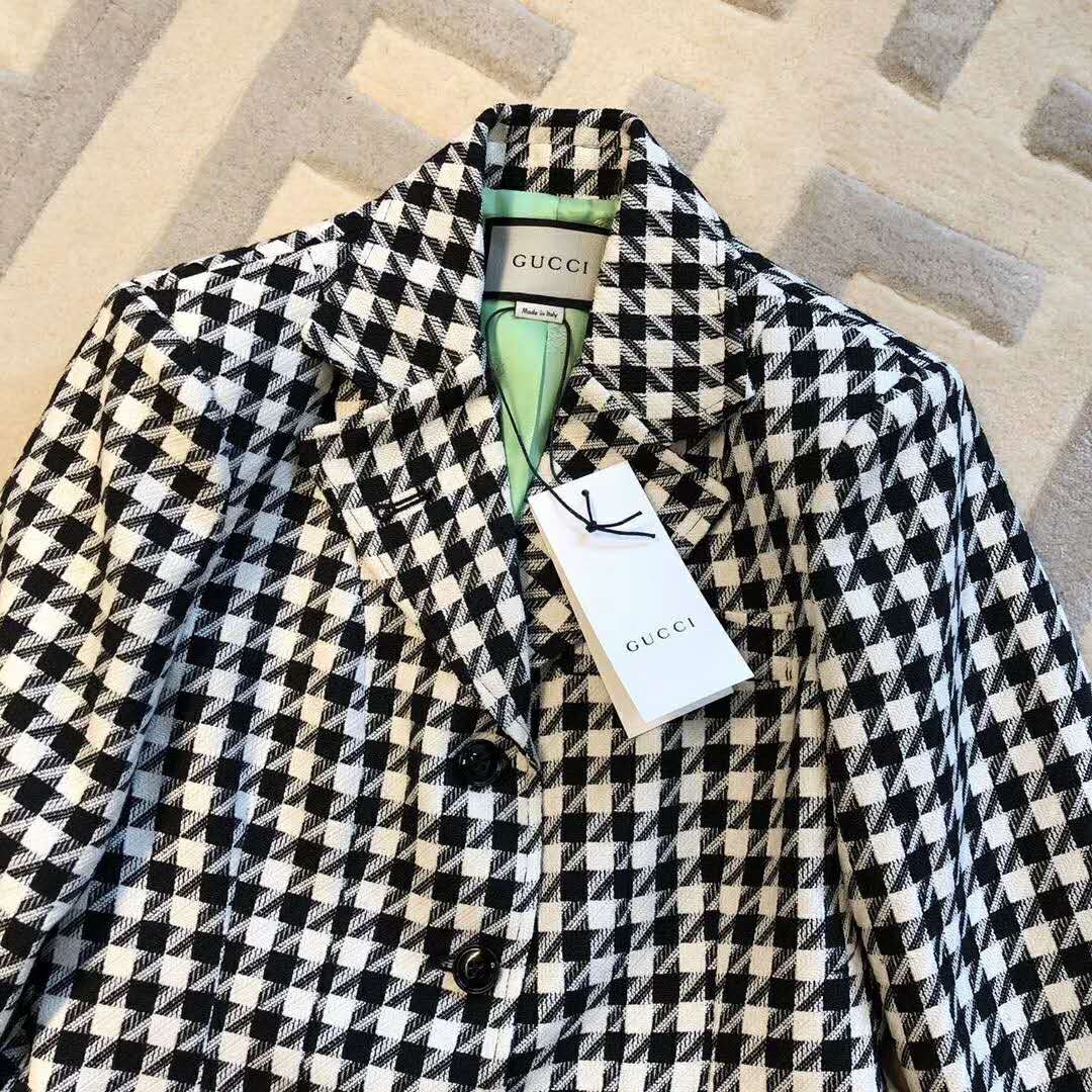 Gucci Women Houndstooth Fitted Jacket in Wool and Cotton-Black