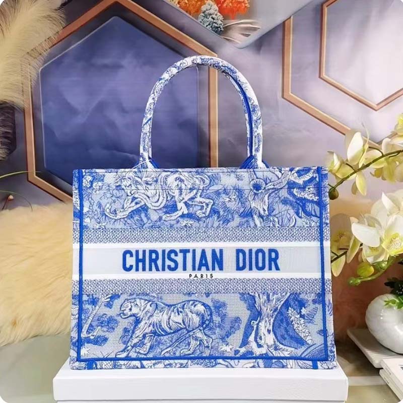 Dior Unisex CD Medium Book Tote Fluorescent Blue Toile De Jouy Reverse Embroidery