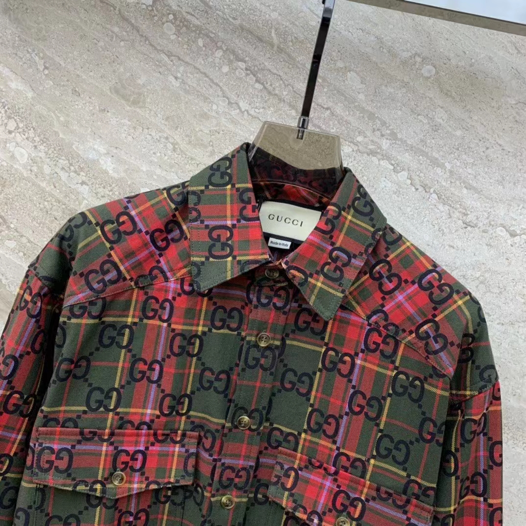 Gucci Women GG Tartan Wool Shirt Green Red GG Point Collar Long Sleeves Button Cuffs