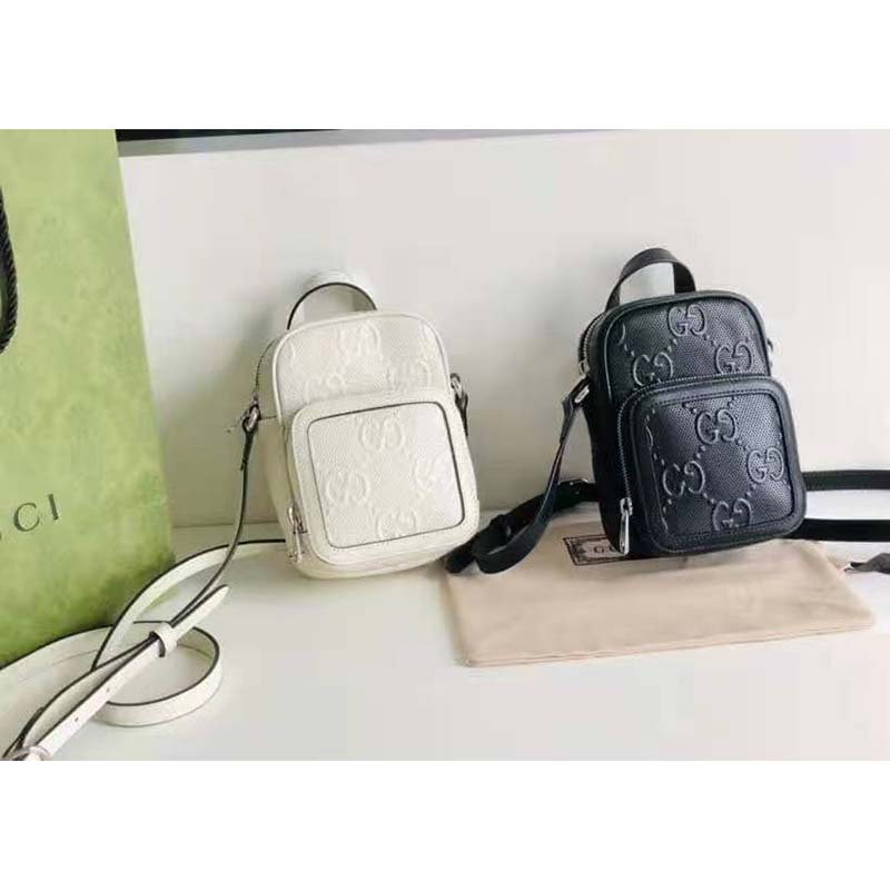 Gucci GG Unisex Embossed Mini Bag White Leather Cotton Linen
