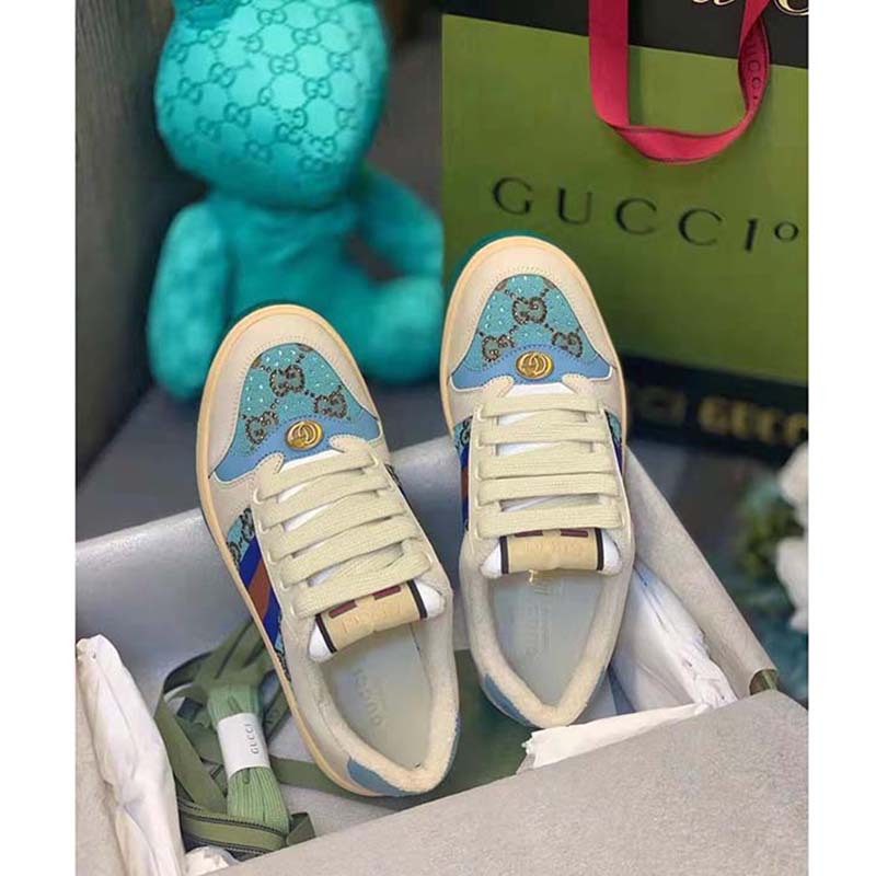 Gucci Unisex Screener Sneaker Crystals Brown Blue GG Canvas 3.6 cm Heel