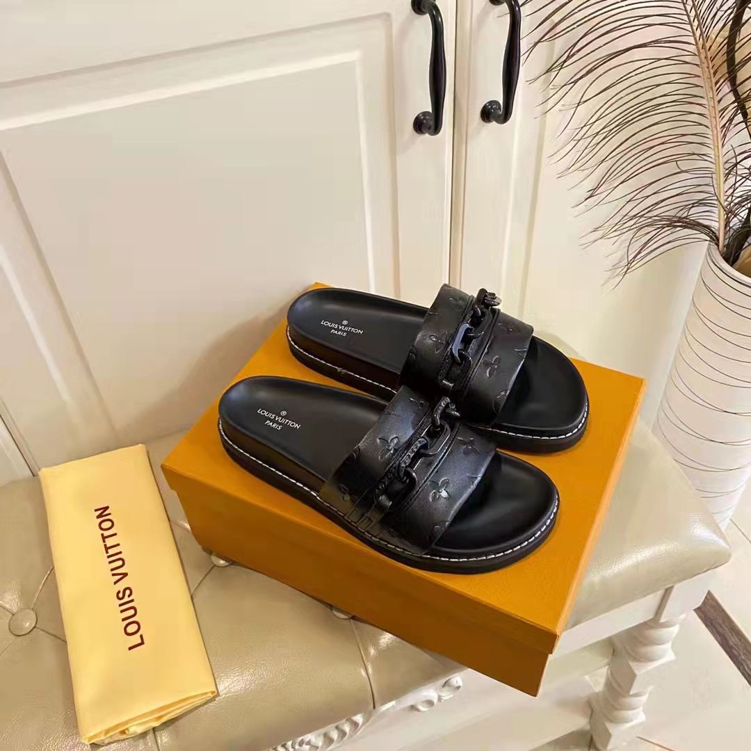 Louis Vuitton Unisex Sunset Flat Comfort Mule Black Monogram Embossed Calf Leather