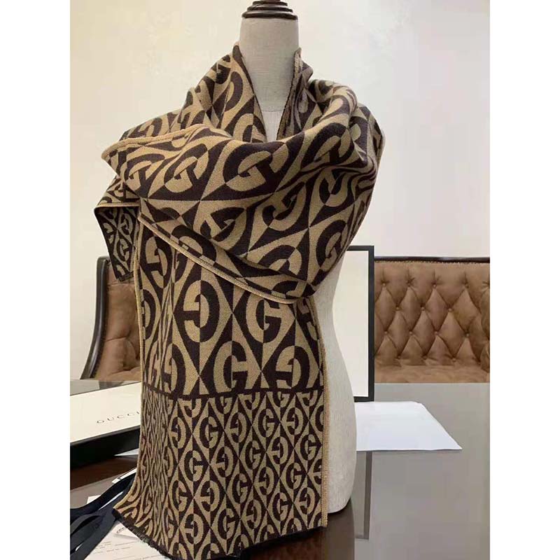 Gucci Unisex G Rhombus Jacquard Scarf in Wool and Cotton-Brown