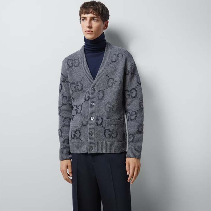 Gucci Men Wool Cardigan GG Intarsia Grey Allover V-Neck Dropped Shoulder Long Sleeves Style ‎770507 XKDSJ 1128