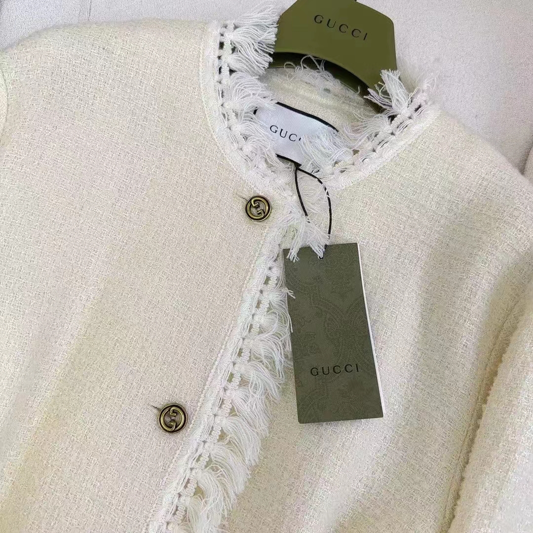 Gucci Women GG Belted Wool Bouclé Jacket White Ribbon Lined Detachable Patch Pockets