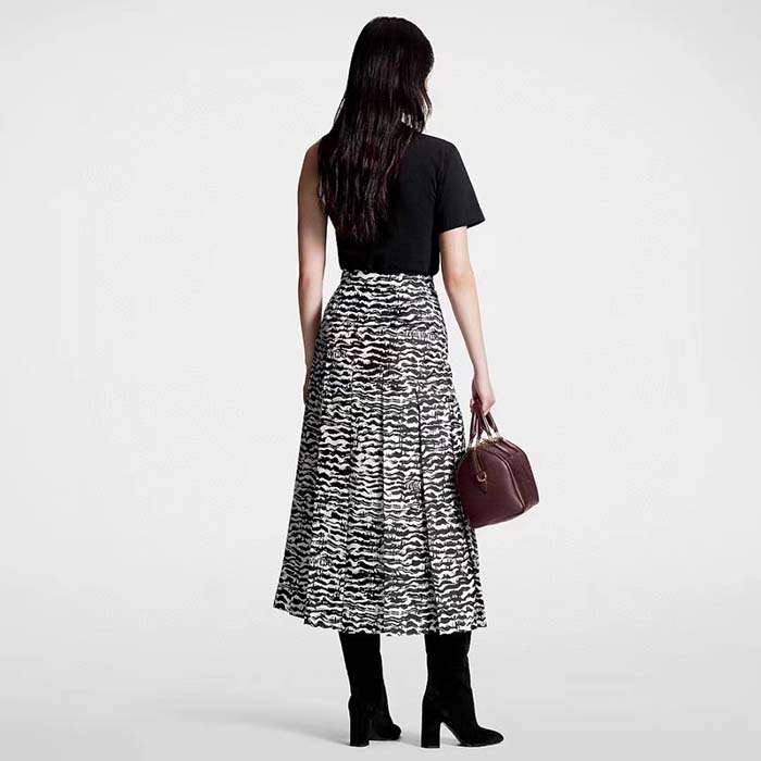 Louis Vuitton Women LV Ink Tiger Asymmetrical Pleat Midi Skirt Silk Black White Regular Fit