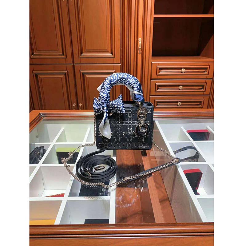 Dior Women Mini Lady Dior Bag Black Calfskin Multicolor Beaded Cannage Embroidery