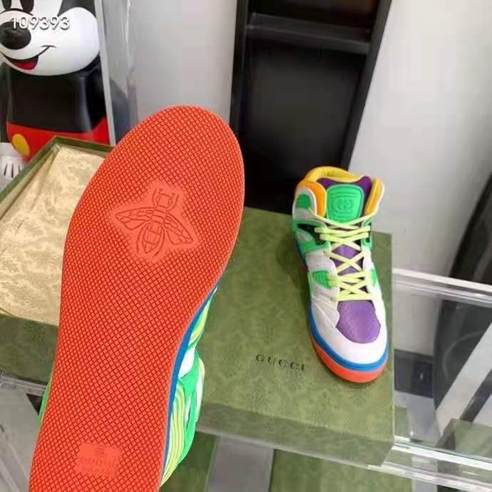 Gucci GG Unisex Gucci Basket Sneaker Lime White Demetra Rubber Interlocking G Patch