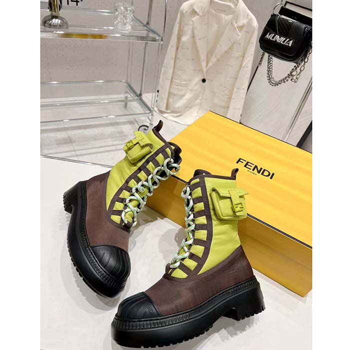 Fendi Women FF Domino Biker Boots Acid Green Nylon Polyamide Polyester 5 Cm Heel