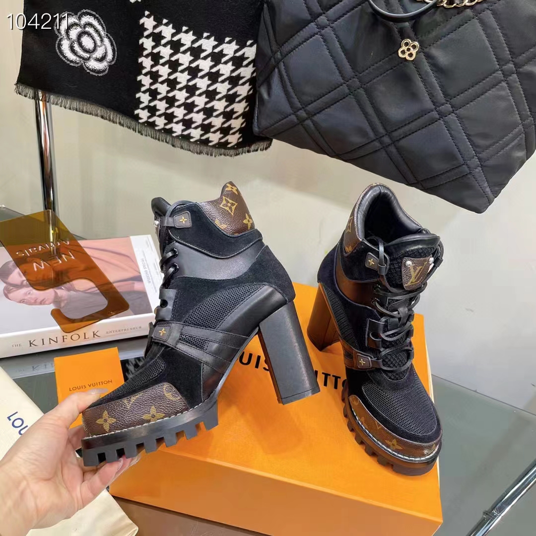 Louis Vuitton LV Women Star Trail Ankle Boot Black Mix Materials Treaded Rubber 9.5 Cm Heel