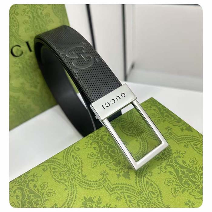 Gucci Unisex GG Belt Rectangular Buckle Black Leather 3.6 CM Width