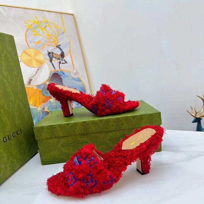 Gucci Women Adidas x Gucci Slide Sandal Red GG Trefoil Shearling-Effect Fabric