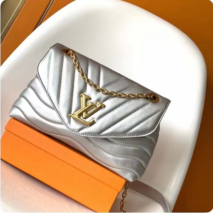 Louis Vuitton LV Women New Wave Chain Bag MM Metallic Gray Quilted Cowhide Leather