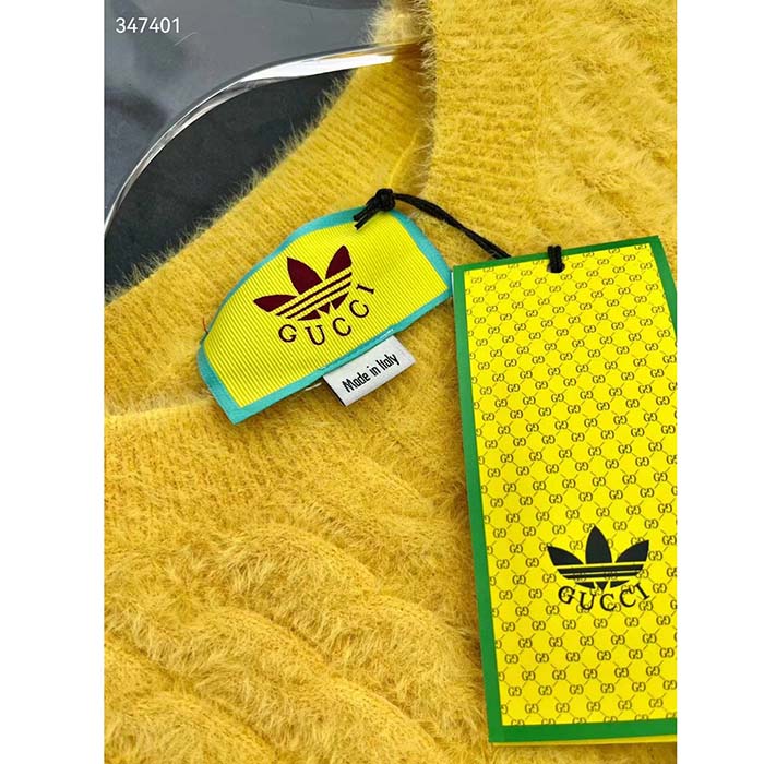 Gucci Women GG Adidas x Gucci Cable Knit Top Yellow Polyamide Trefoil Crewneck Short Sleeves