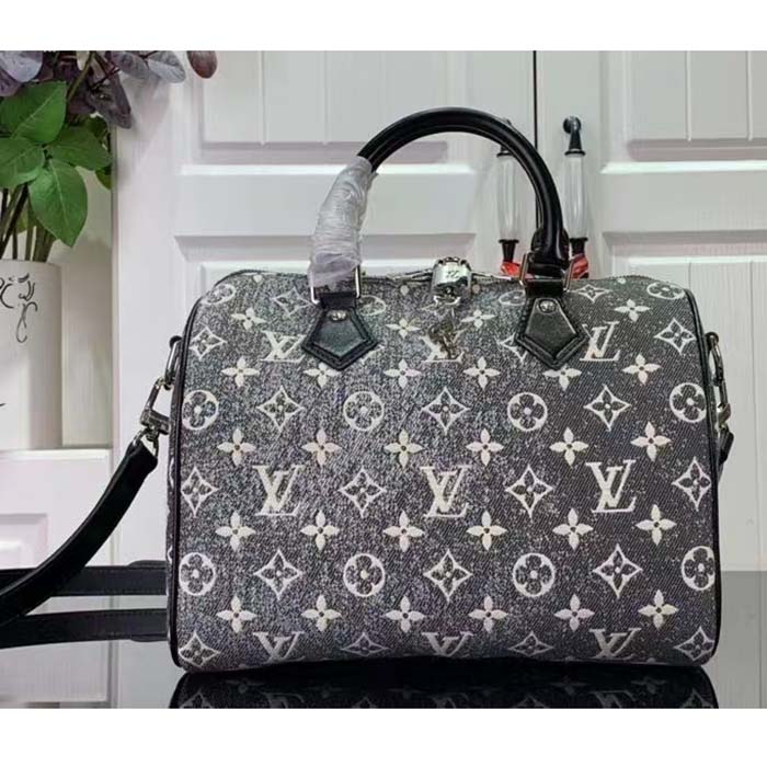 Louis Vuitton LV Women Speedy Bandoulière 25 Handbag Gray Denim Textile Jacquard
