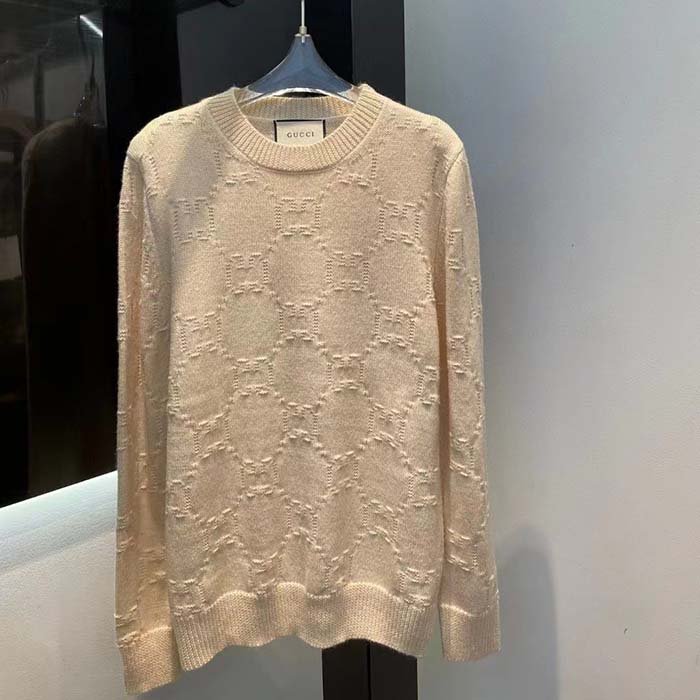 Gucci Women GG Wool Sweater Cream Crewneck Dropped Shoulder Long Sleeves