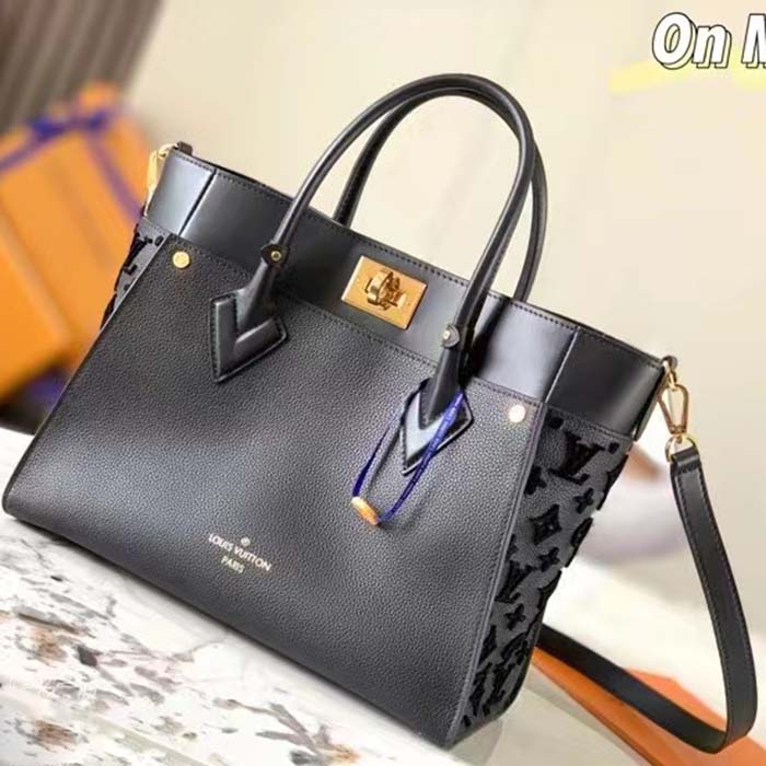 Louis Vuitton LV Women On My Side GM Handbag Black Calf Leather Perforated Calf