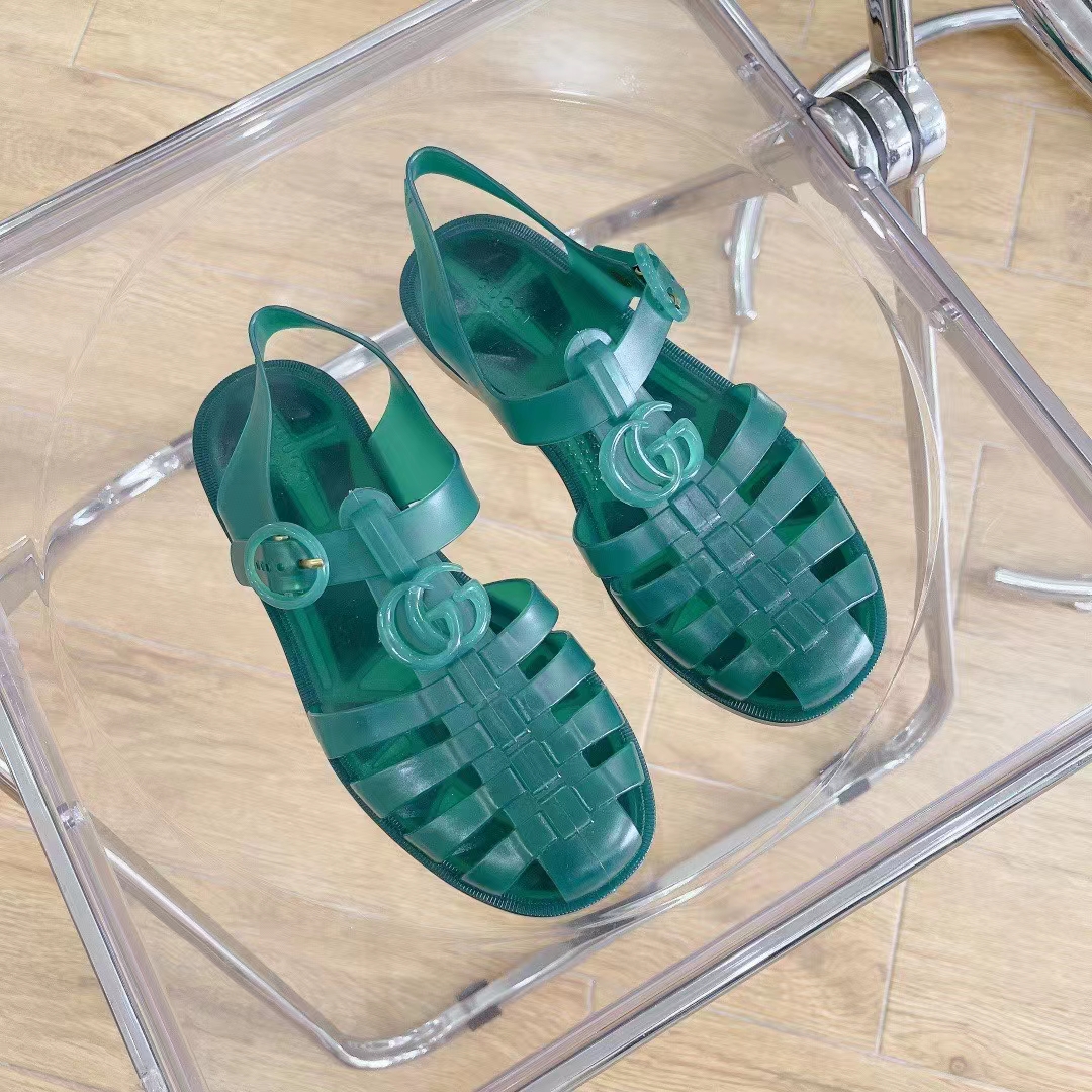 Gucci Unisex GG Sandal Double G Transparent Green Rubber Sole Ankle Buckle Flat