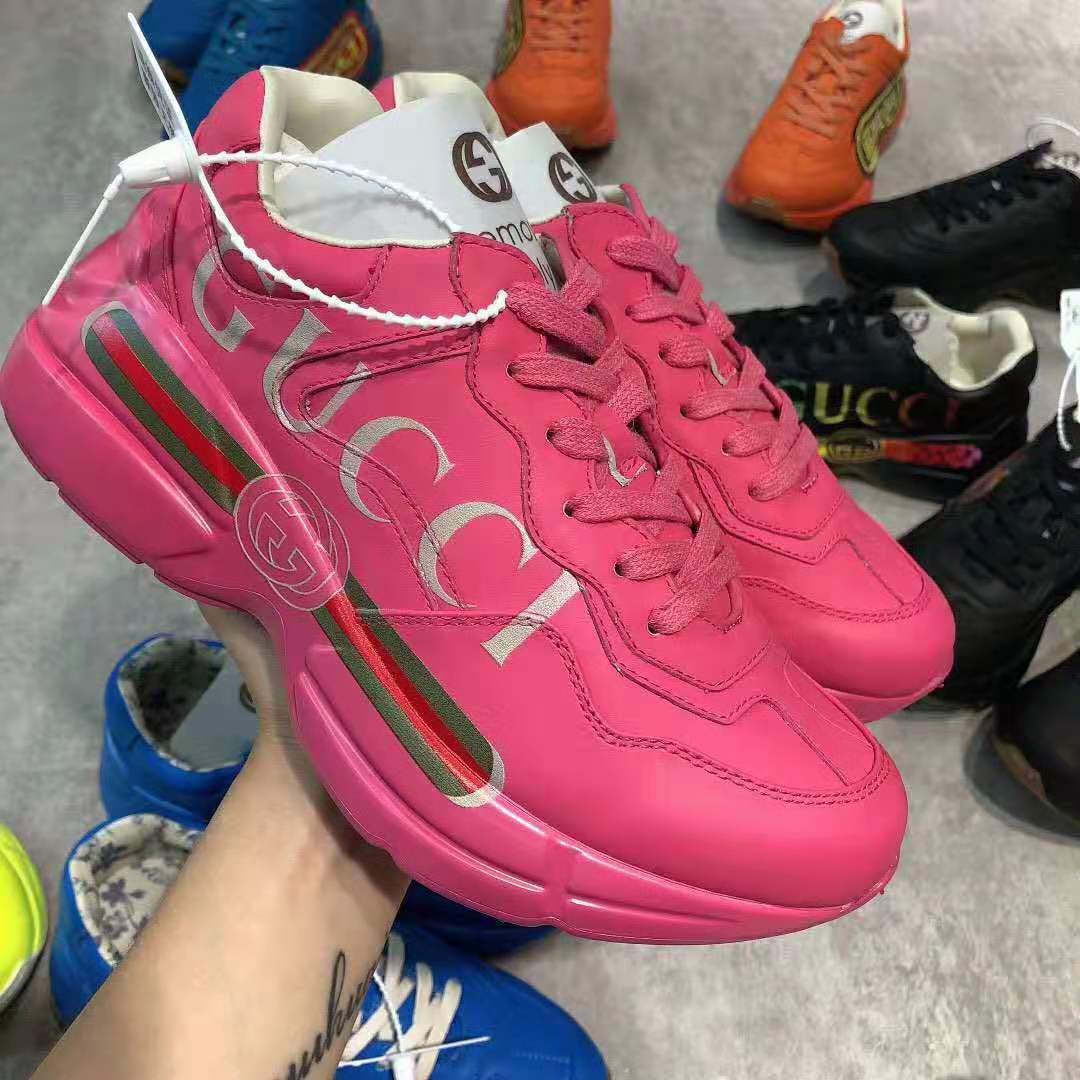 Gucci Women Rhyton Gucci Logo Leather Sneaker-Rose