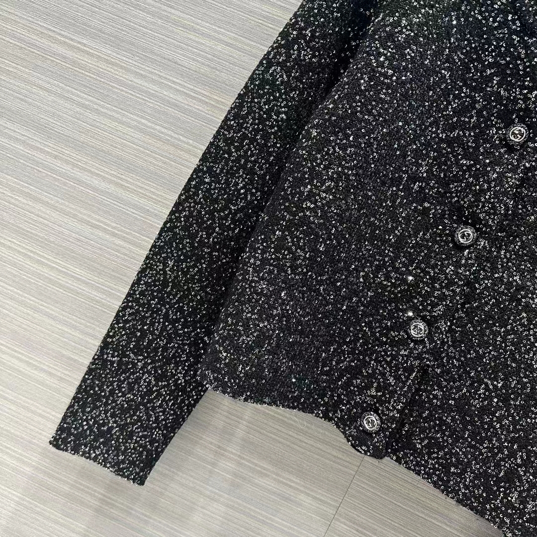 Gucci Women GG Viscose Knit Cardigan Blend Sequin Embroidery Silver Crewneck Long Sleeves