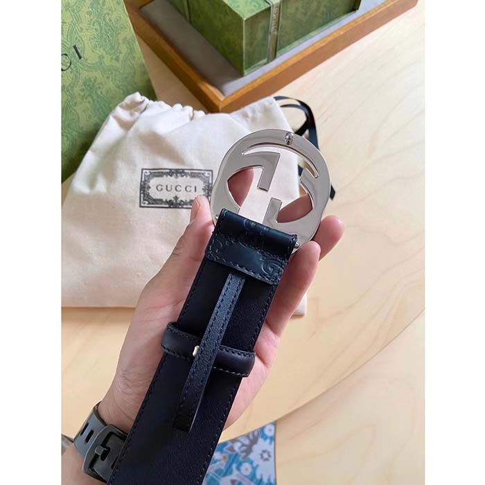 Gucci Unisex GG Signature Leather Belt Black Interlocking G Buckle 3.8 CM Width