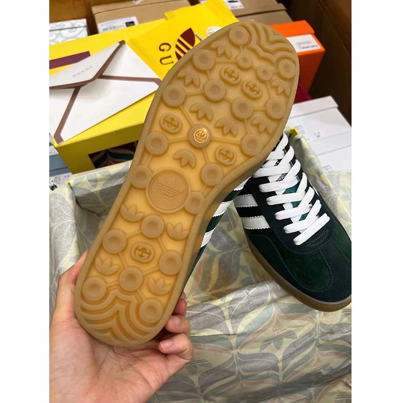 Gucci Unisex GG Adidas x Gucci Gazelle Sneaker Green Suede White Demetra Trefoil