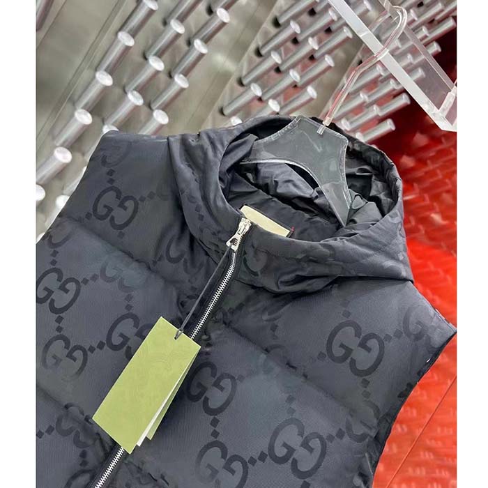 Gucci Women Jumbo GG Canvas Vest Padding Front Pockets Zip Closure Hood Zip Pocket
