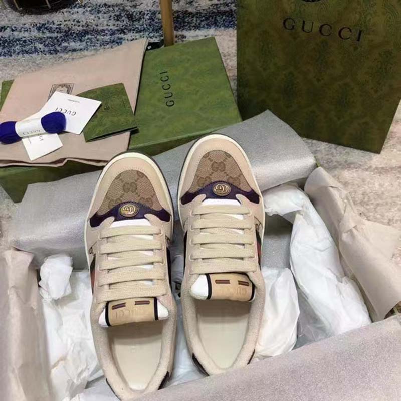 Gucci Unisex GG Screener Sneaker Beige Navy Leather Canvas Low 4 cm Heel