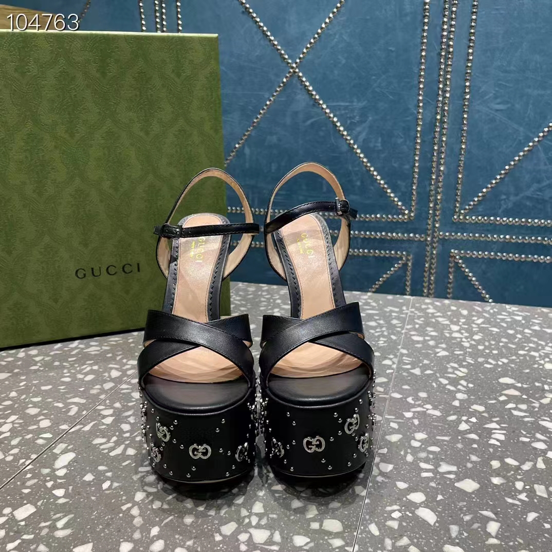 Gucci Women GG Interlocking G Studs Sandal Black Leather Spool High 15 Cm Heel