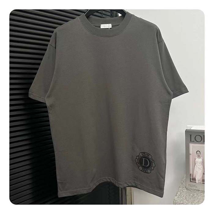 Dior CD Women T-Shirt T-Shirt Gray Cotton Jersey Silk Ribbed Crew Neck