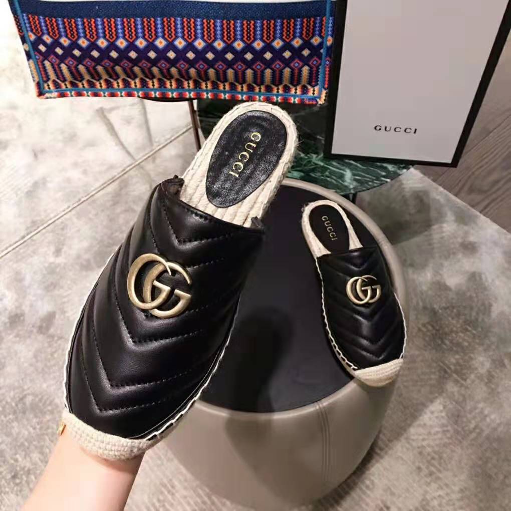 Gucci Women Leather Espadrille with Double G in 2 cm Height-Black