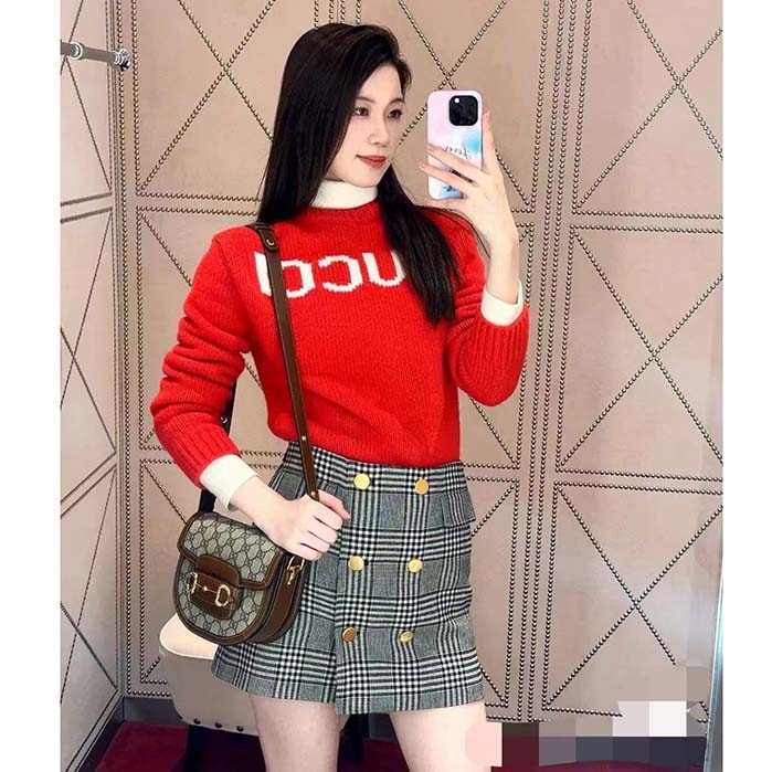 Gucci Women GG Red Wool Top Gucci Intarsia Crewneck Dropped Shoulder Long Sleeves