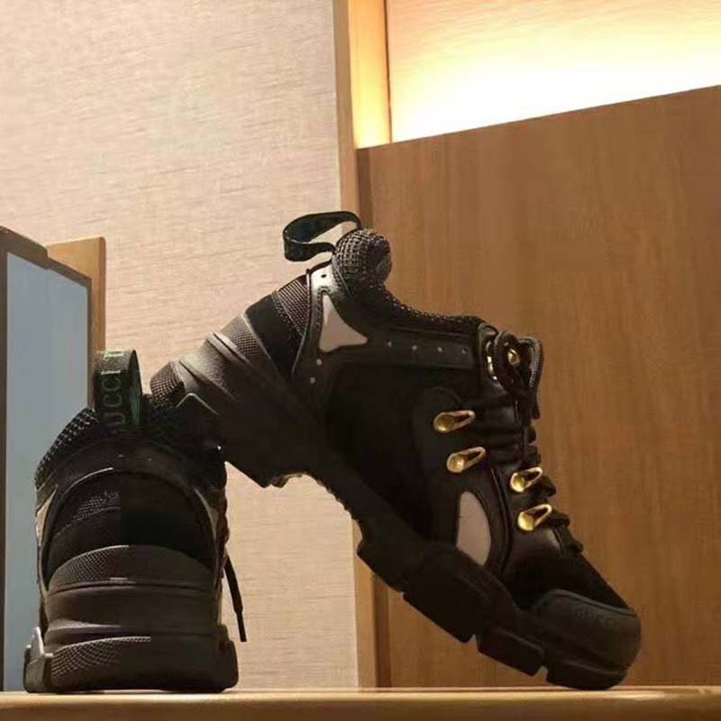 Gucci Unisex Flashtrek Sneaker with Removable Crystals in Black Leather 5.6 cm Heel