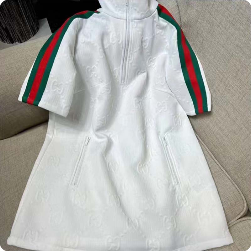 Gucci Women GG Jersey Jacquard Dress White High Neck Polyester Green Red Web