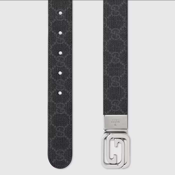 Gucci GG Unisex Belt Squared Interlocking G Buckle Black GG Supreme Canvas Black Leather 30 MM Width