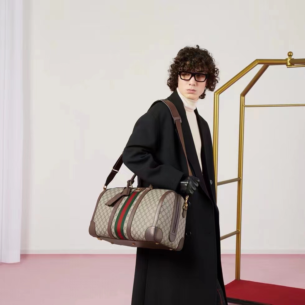 Gucci Unisex GG Savoy Small Duffle Bag Beige Ebony GG Supreme Canvas