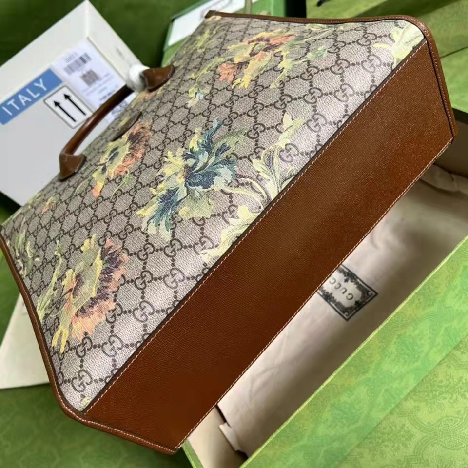 Gucci Unisex Medium Tote Carnation Print Beige Ebony GG Supreme Canvas