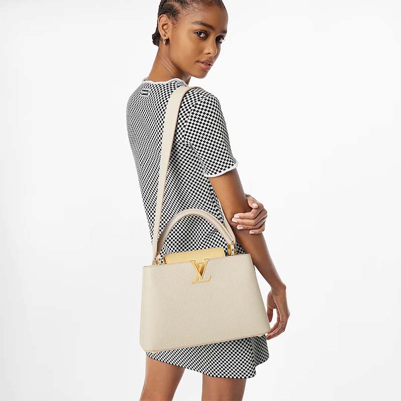 Louis Vuitton LV Women Capucines MM Handbag Yellow Beige Taurillon Leather Canvas