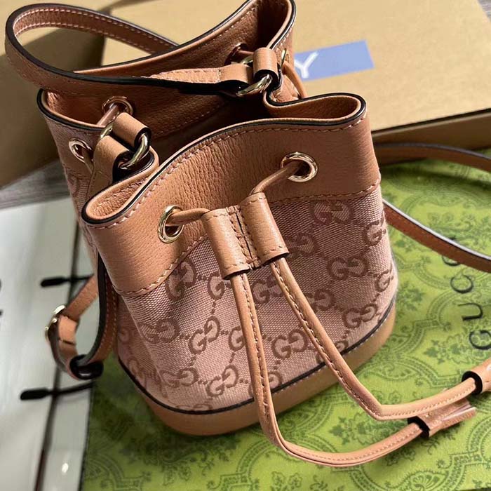 Gucci Women Ophidia Mini GG Bucket Bag Pink Canvas Leather Drawstring Closure