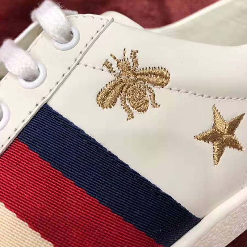 Gucci Women’s Ace Embroidered Sneaker in White Leather with Bees and Stars