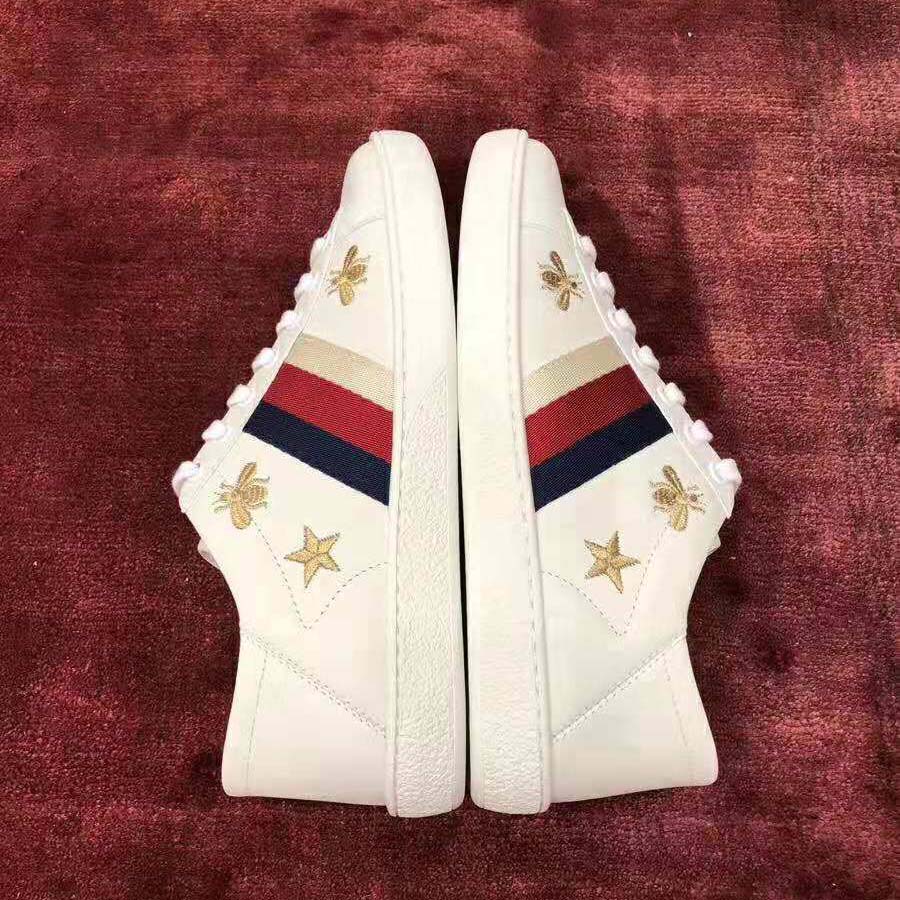 Gucci Women’s Ace Embroidered Sneaker in White Leather with Bees and Stars