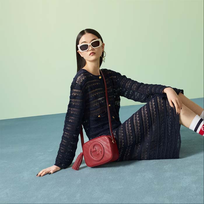 Gucci Women GG Blondie Small Shoulder Bag Red Leather Round Interlocking G