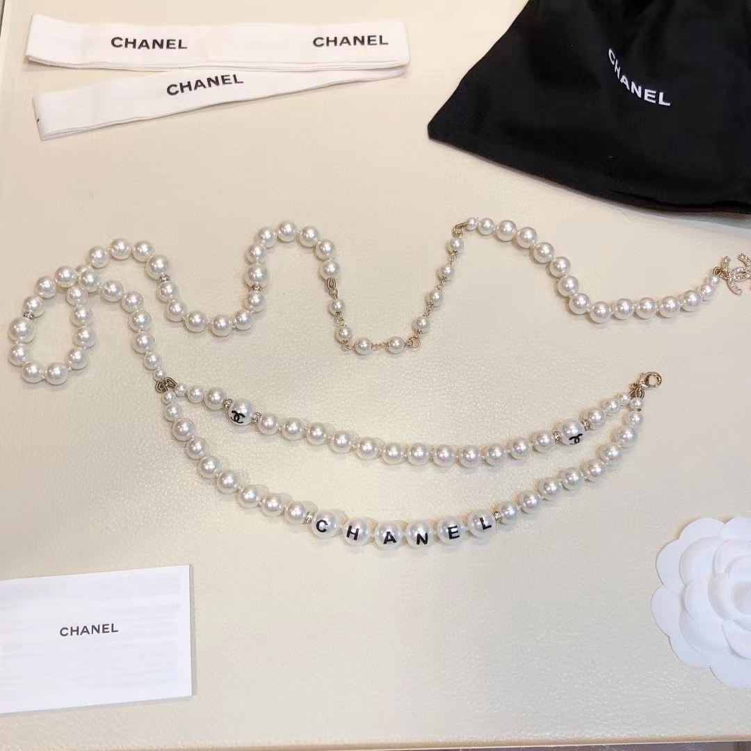 Chanel Women CC Chain Belt Metal Glass Pearls Imitation Pearls Strass Dark Gold Pearly White Crystal